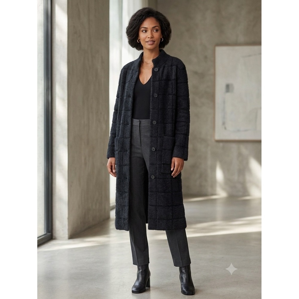 J. McLaughlin Black Fuzzy Textured Long Button Front Coat Women's Size S